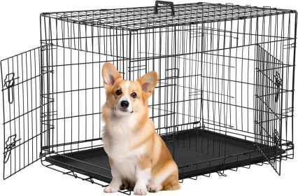 30 inch Dog Crate Dog Kennel Cage with Double Door Folding Metal Wire Dog Cage with Removable TrayDivider Panel,Pet Crate for Medium Dogs,Black