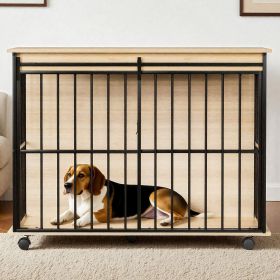 Dog Crate Furniture , Large Dog Cage Furniture with Tray for Medium Large Dogs, Wooden Dog Kennel Furniture (Main Material: MDF+Iron, Main Color: Black+Natural)