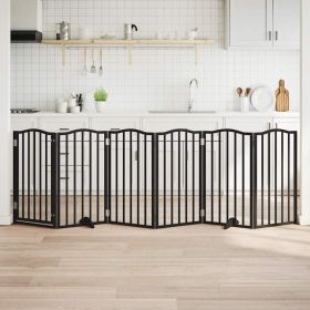 Dog Gate with Door Foldable 6 Panels Black 118.1 " Poplar Wood (Color: Black)